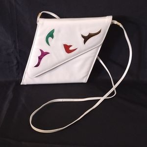 Vtg 80s Jasmin Leather Handbag Purse White w/ Metallic Insets Angular Shape